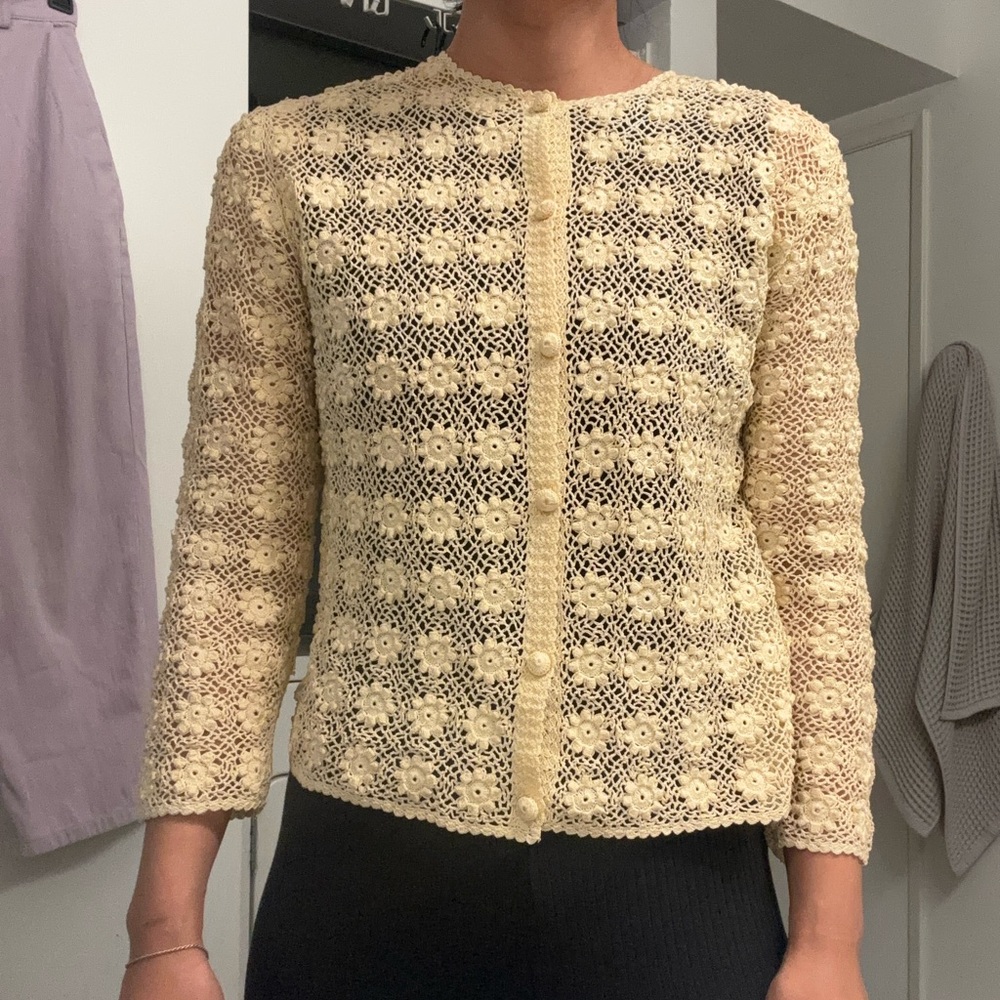 VINTAGE Handmade Crocheted Knit Cotton Cardigan in a Butter/Yellow Cream